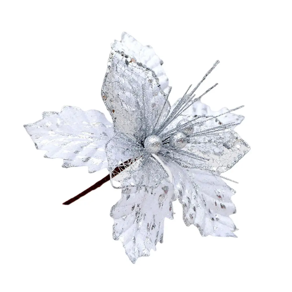 Artificial 22cm Christma Poinsettia Glitter Flower Hanging Xmas Party Tree Decor