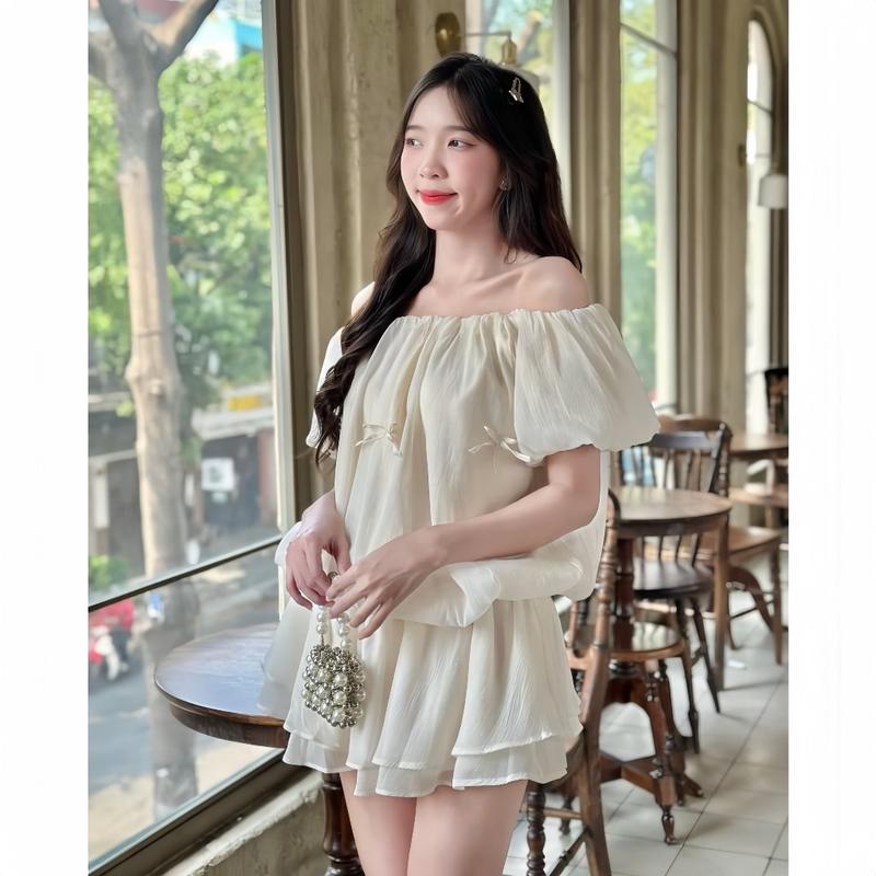 Váy babydoll trễ vai bo eo dáng xoè tay bồng chất voan tơ 2 lớp hồng canh be, Đầm chipu xoè hở vai đi chơi đi biển đẹp, SUKA SHOP 1