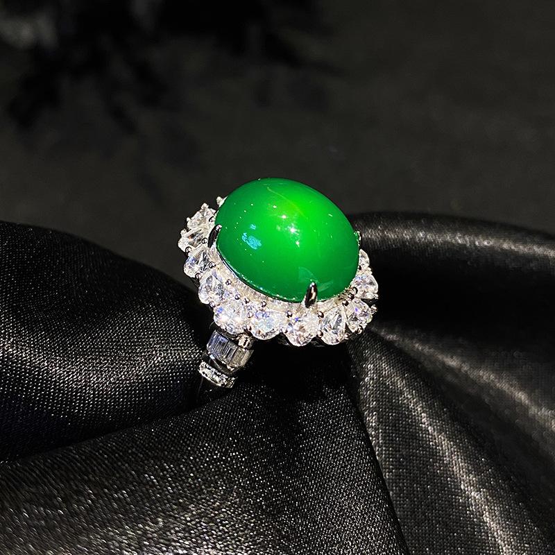 Product Introduction of Natural ice-permeable chlorite agate retro temperament full of zirconium open ring women, oval egg surface ring ornament 19