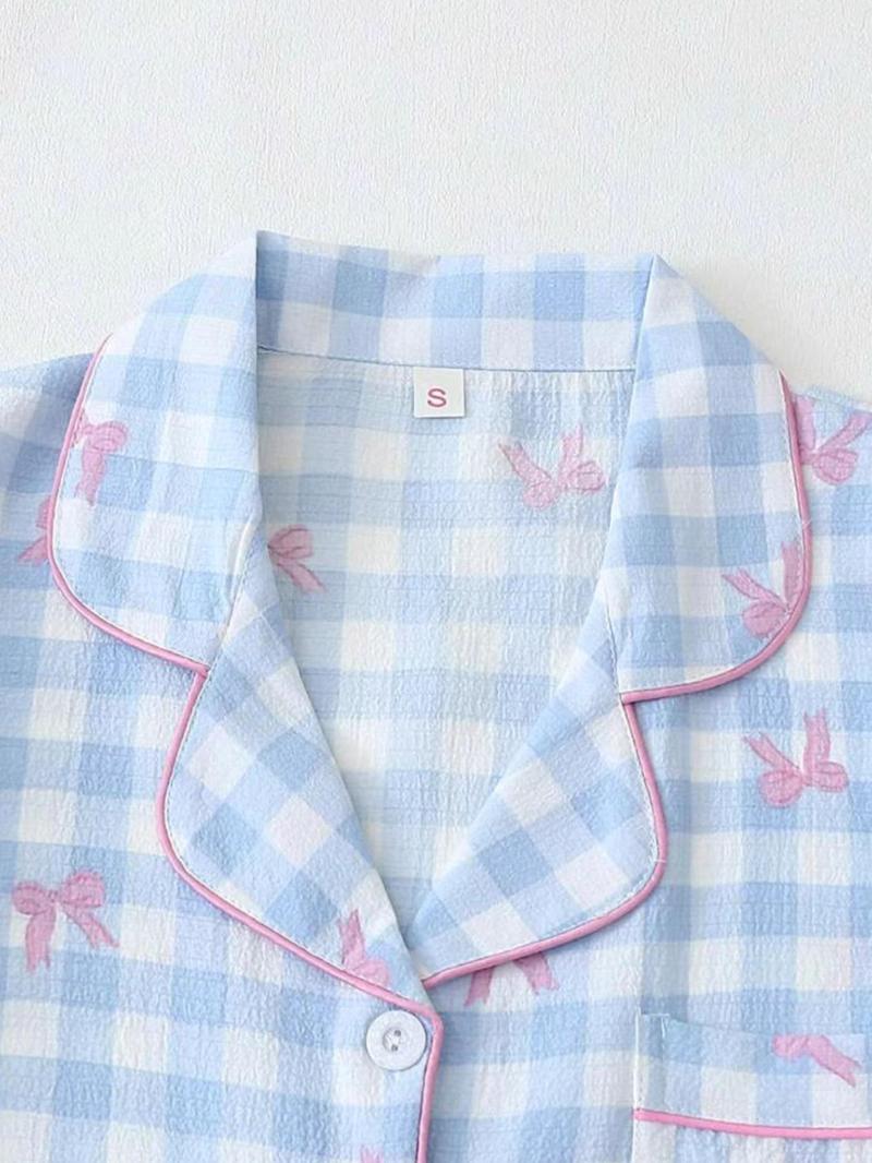 Product Introduction of Women's Bow Print Shirt & Elastic Waist Shorts Pyjama Two-piece Set, Casual Comfy Short Sleeve Collared Top & Shorts Set, Ladies Summer Sleepwear 8