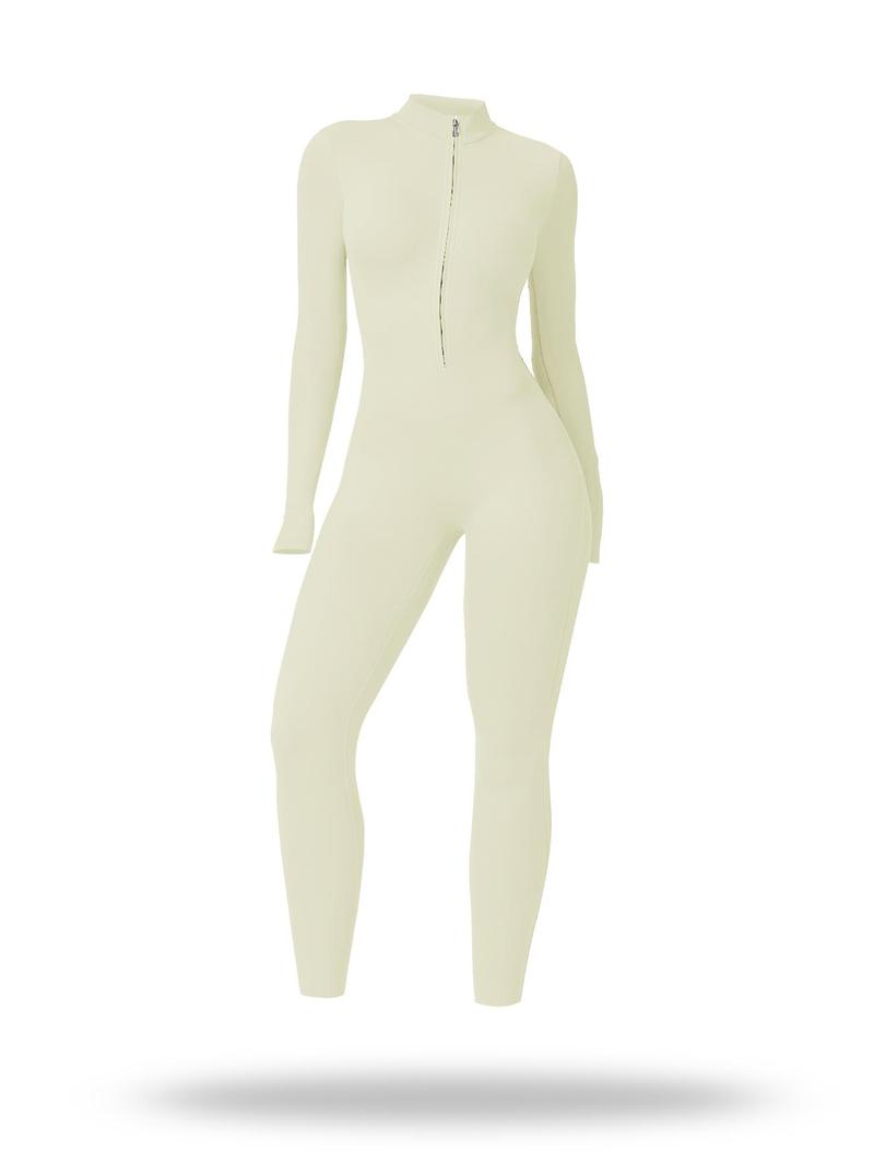 Product Introduction of Sporty Women's Solid Color Half Zip Mock Neck Sports Jumpsuit,  Tummy Control Jumpsuit,  Casual Comfy Breathable Long Sleeve Skinny Jumpsuit for Yoga Gym Workout, Ladies Sportswear for All Seasons 13