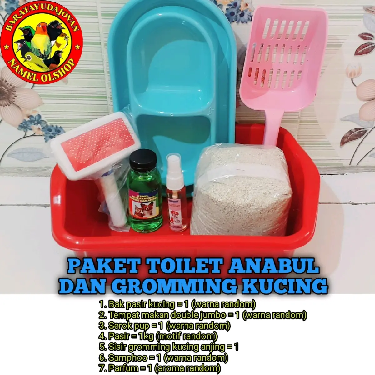 PAKET TOILET ANABUL DAN GROMMING KUCING ISINYA BAK PASIR, TEMPAT MAKAN, SEROK, PASIR, SISIR GROMMING, SAMPHOO, PARFUM