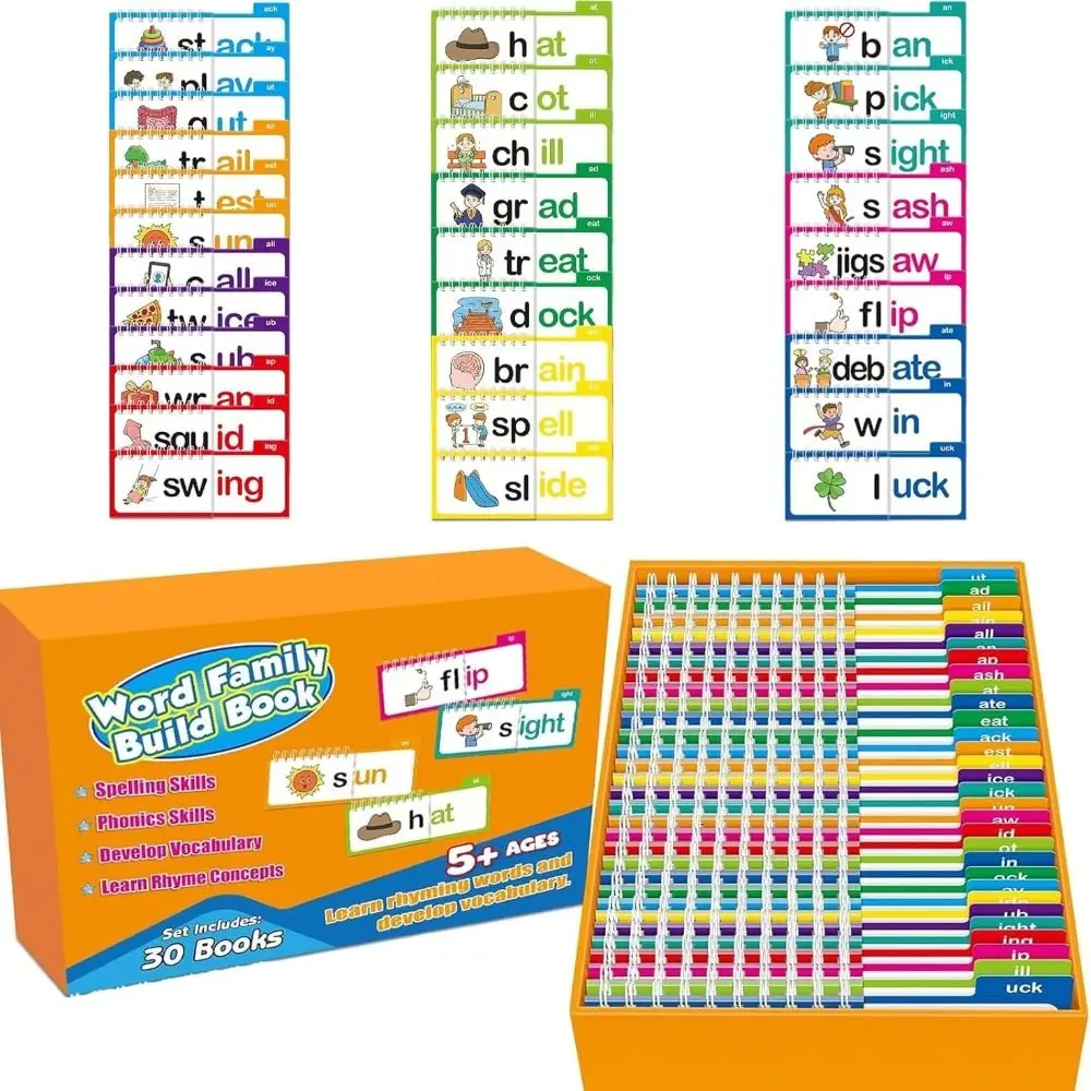64pages Creative Educational Reading Games 30 Read Flip Books Activity Book Rewritable Cards Word Family Flip Books Reusable Multicolor Vocabulary FlashCards Attention&Observational Training