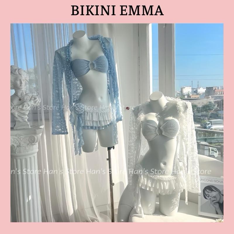 EMMA Set Bikini Ren Thiết Kế Chuẩn Đẹp Gồm Áo Bikini Có Mút Đệm + Chân Váy Có Quần + Áo Khoác Ren