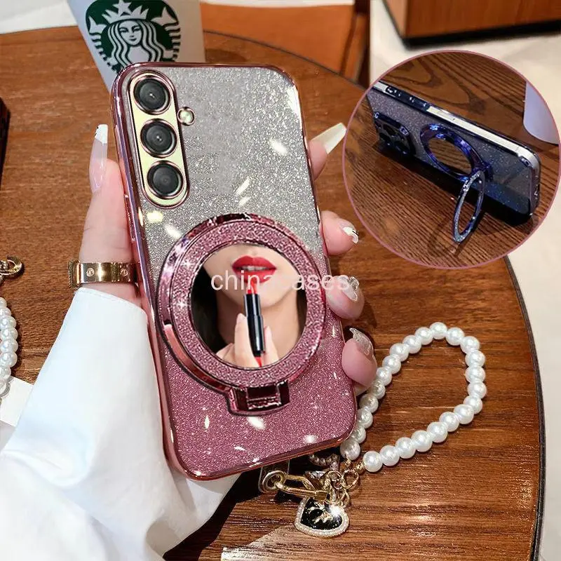 Luxury Casing For Samsung A16 A35 A04S A13 A23 M54 M53 M55 C55 5G 4G Phone Case Magnetic Bracket TPU Flash Soft Shell Protective Sheath Cover Makeup mirror Bracelet Lanyard
