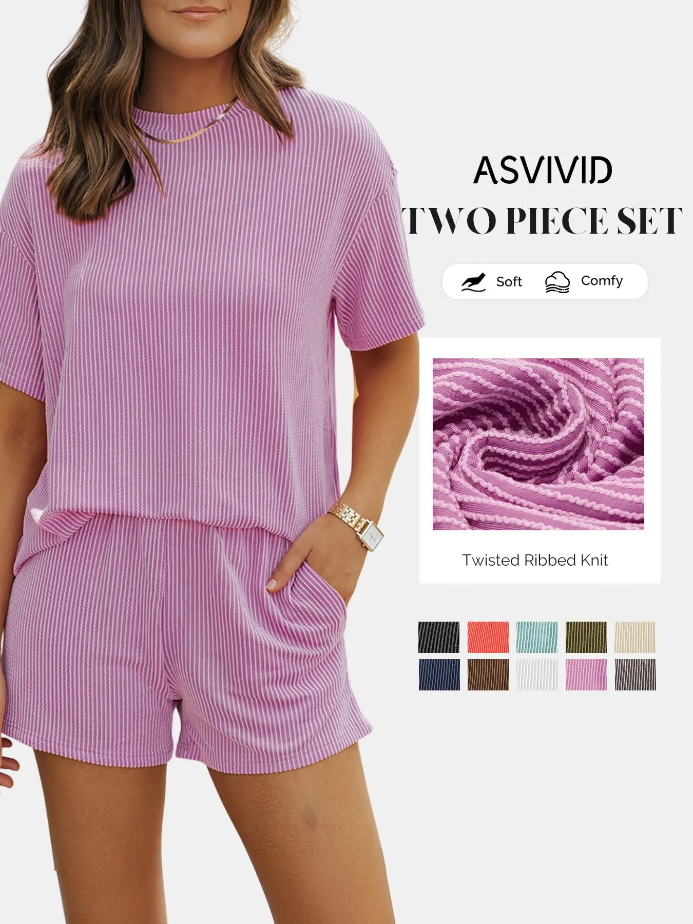 Women's Solid Textured Pocket Shorts Set, Casual Short Sleeve T-shirt & Elastic Waist Shorts, Ladies Summer Clothes for Daily Wear