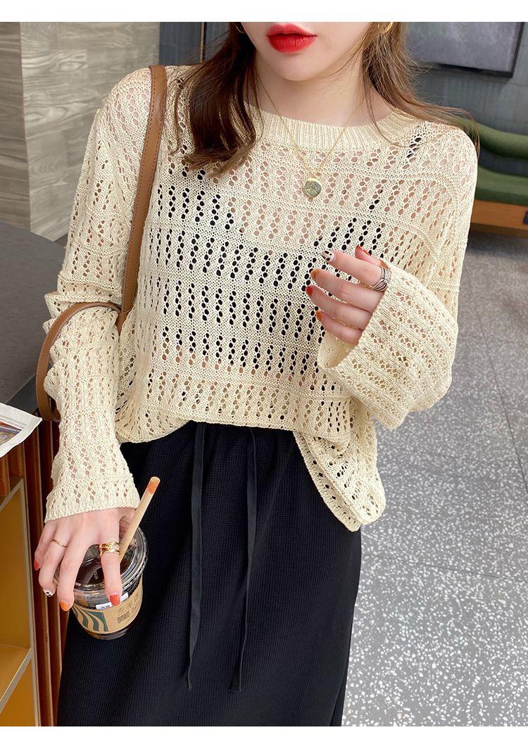 Product Introduction of 🔥Top fashion hollow out knits trendy women new loose slimming outside wear thin ruffles long sleeve shirt trendy top for women Womenswear Knitwear 11