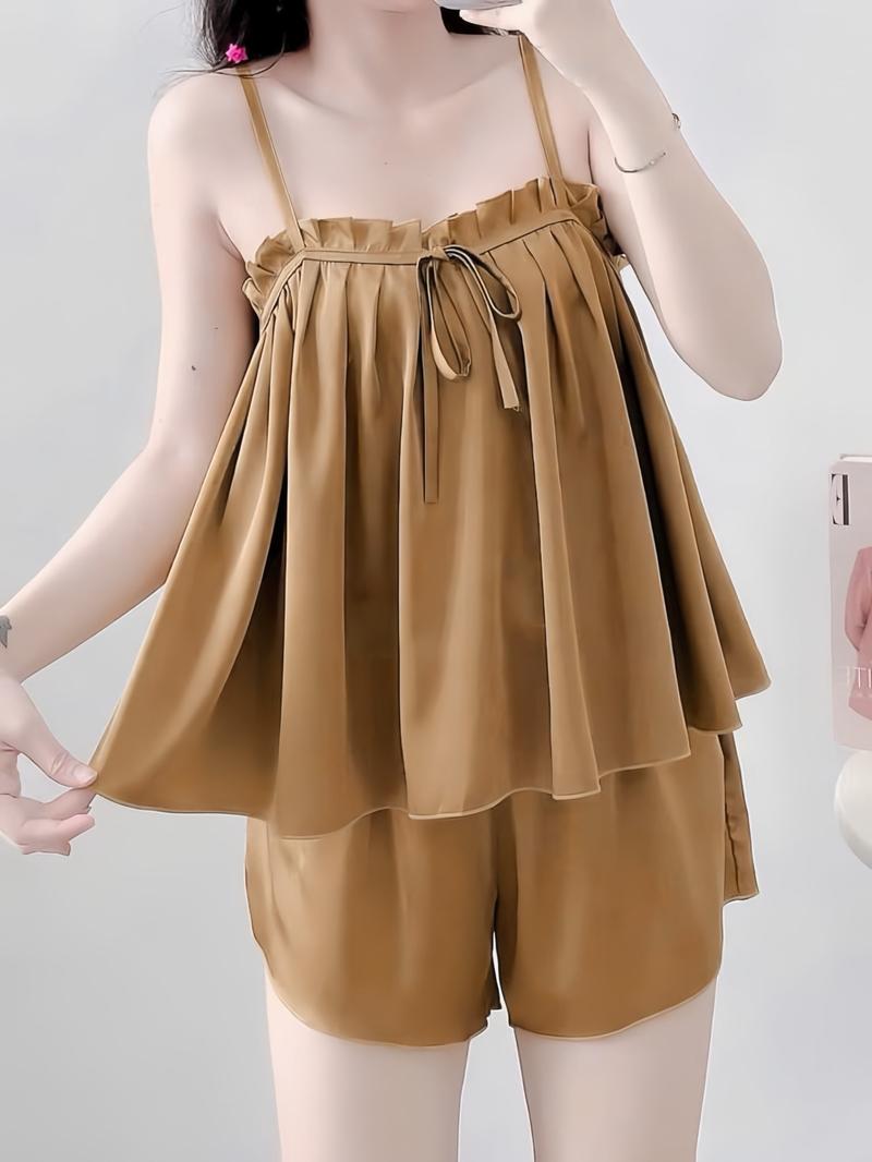 Product Introduction of 40-64 Ký; Bộ Ngủ 2 Dây Áo Xếp Ly Buộc Nơ Quần Đùi Lụa Latin Nữ 24