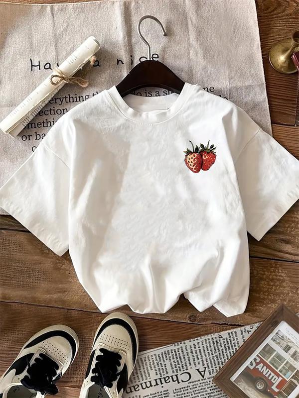 Women's Cartoon Strawberry Print Round Neck Tee, Vintage Trendy Casual Short Sleeve T-shirt for Daily Wear, Ladies Summer Outfit, Top 2