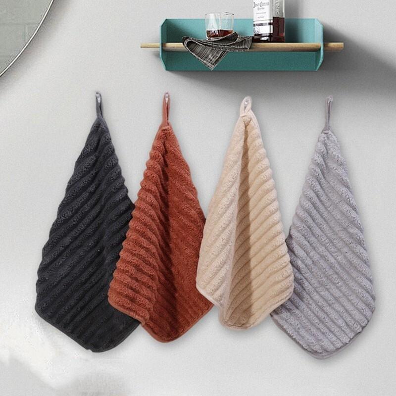 Product Introduction of Super Absorbent Stripe Hanging Hand Towel Soft Coral Veet Home Kitchen Cleaning Dishcloth Practical Bathroom Supplies 4