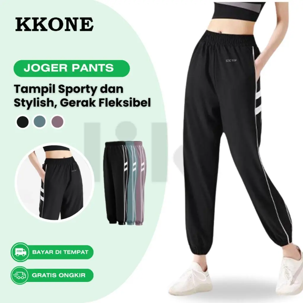 KKONE Celana Olahraga Joger Wanita Korean Style Celana Training Wanita Pakaian Karet Nyaman Ringan Sport