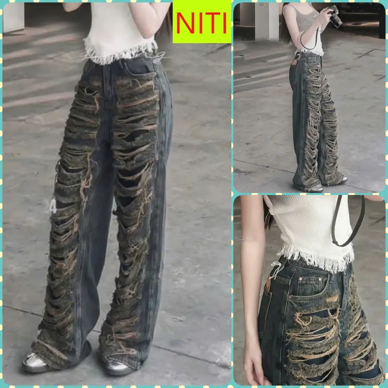 [ORMO1888] QUẦN JEANS ỐNG RỘNG NỮ LƯNG CAO RÁCH CÀO ĐÙI NHIỀU KÈM LÓT ĐEN MÀU XANH ĐẬM BỤI LAI CUỐN SIÊU NGẦU Kem Women