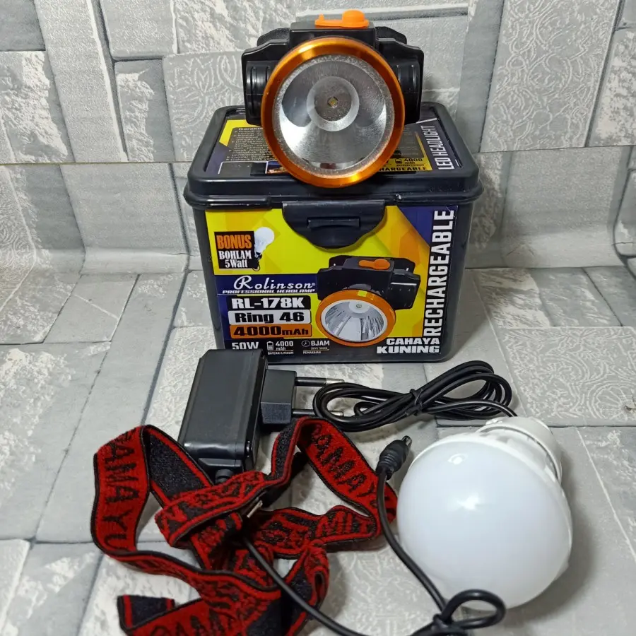 Senter kepala LED Rolinson 50W Rechargeable Cahaya Kuning Headlamp