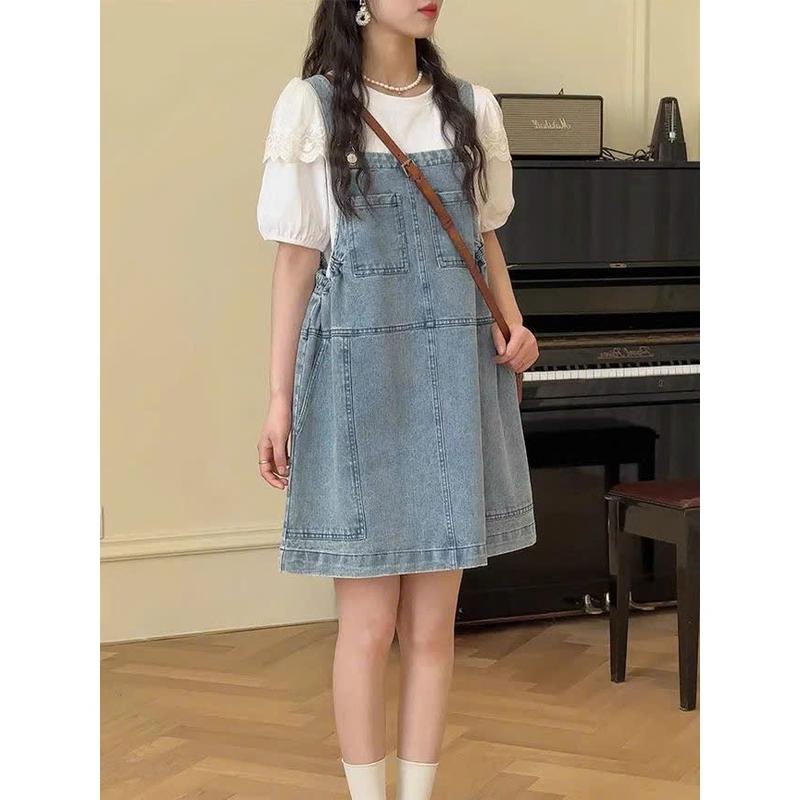 Yếm jean nữ dáng ngắn phối túi lớn trước sau Yếm Váy Jean phong cách Hàn Quốc KoKo Y4