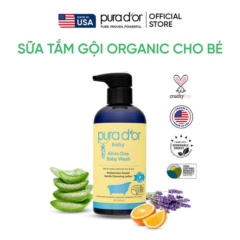 Sữa Tắm Gội Dành Cho Bé Từ 0 - 2 tuổi Organic Thuần Chay All-in-One Baby Wash PURA DOR 473ml Dịu Nhẹ, Dưỡng Ẩm Da - Mega Livestream
