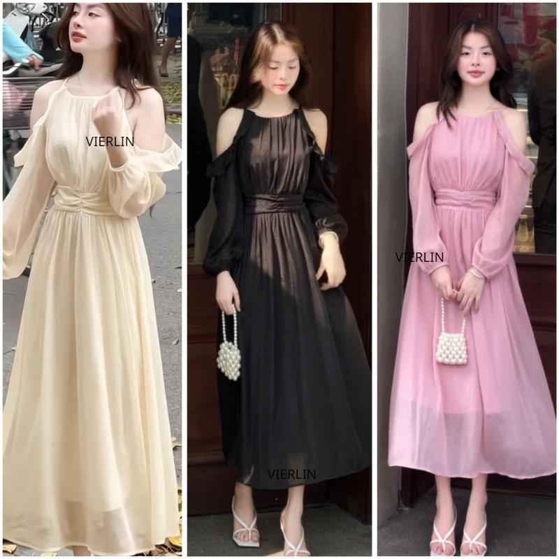  Váy Cổ Yếm Hở Vai Chiết Eo Chun Lưng Thắt Lụa Hàn Châu Tơ Bèo Dáng Dài 2 Lớp Tiểu Thư Hàn Quốc Cực Kì Duyên Dáng 