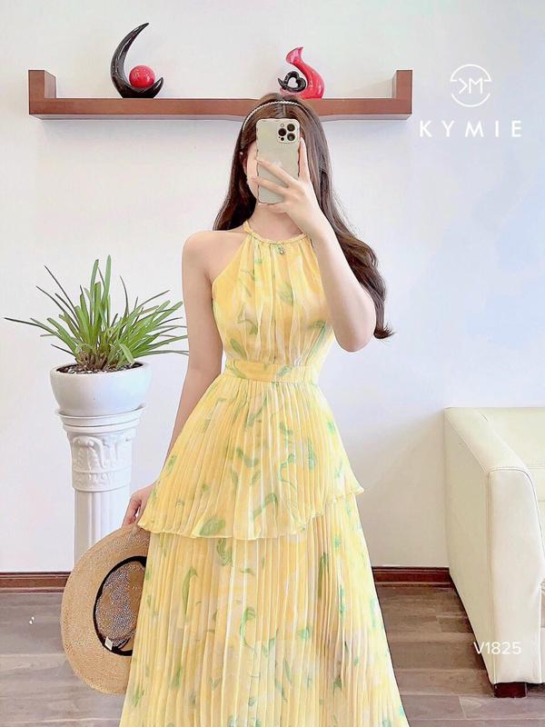 Váy Đầm maxxi xòe Đi tiệc, Đi chơi chất voan hoa họa 2 lớp dập ly 3