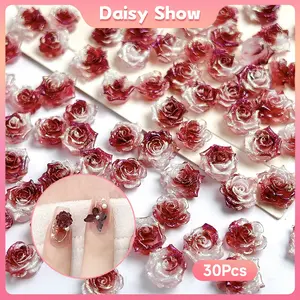 30pcs Aksesori Kuku Bunga Mawar Merah Glitter 3D Rose Glow in the Dark Hiasan Kuku Dekorasi Nail Art