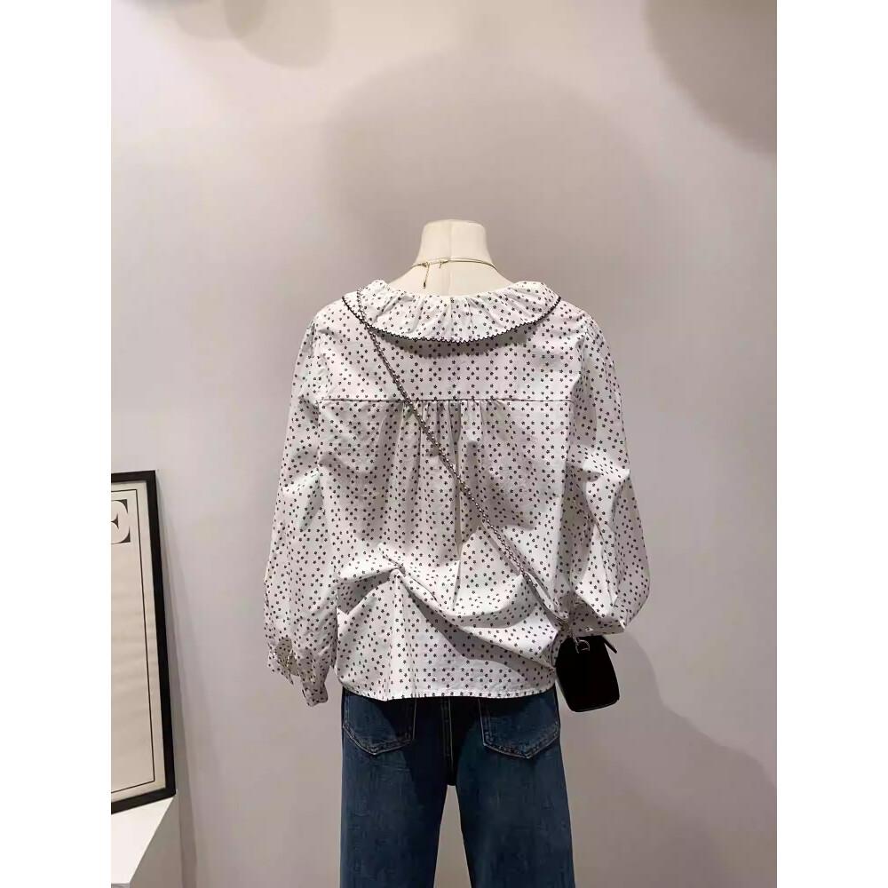 CHICMORE Atasan Gaya Kasual Lengan Panjang Longgar Desain Motif Polkadot