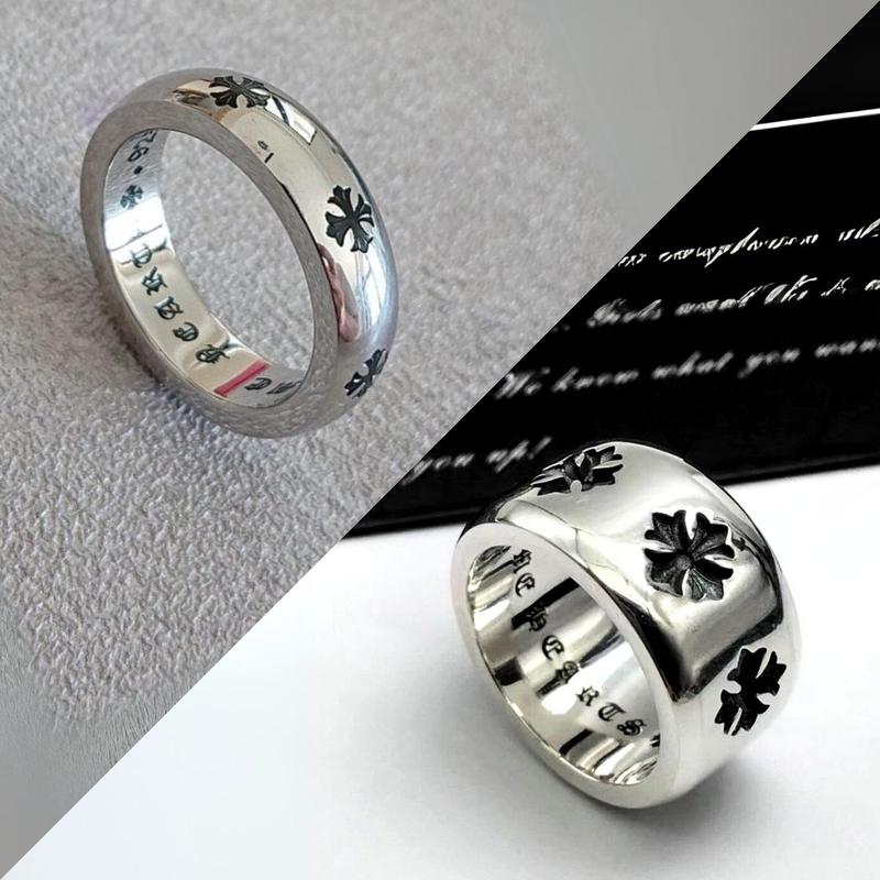 Nhẫn trơn tròn màu bạc khắc họa tiết, khắc chữ Chrome Heart, thiết kế Unisex, thép titan không gỉ