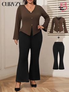 CURVZY Plus Size Two-Piece Set Solid Button Front Top & Flare Leg Pants Set, Casual Long Sleeve Top & Bell Bottom Trousers for Daily Wear, Women's Two-piece Outfits for Spring & Fall