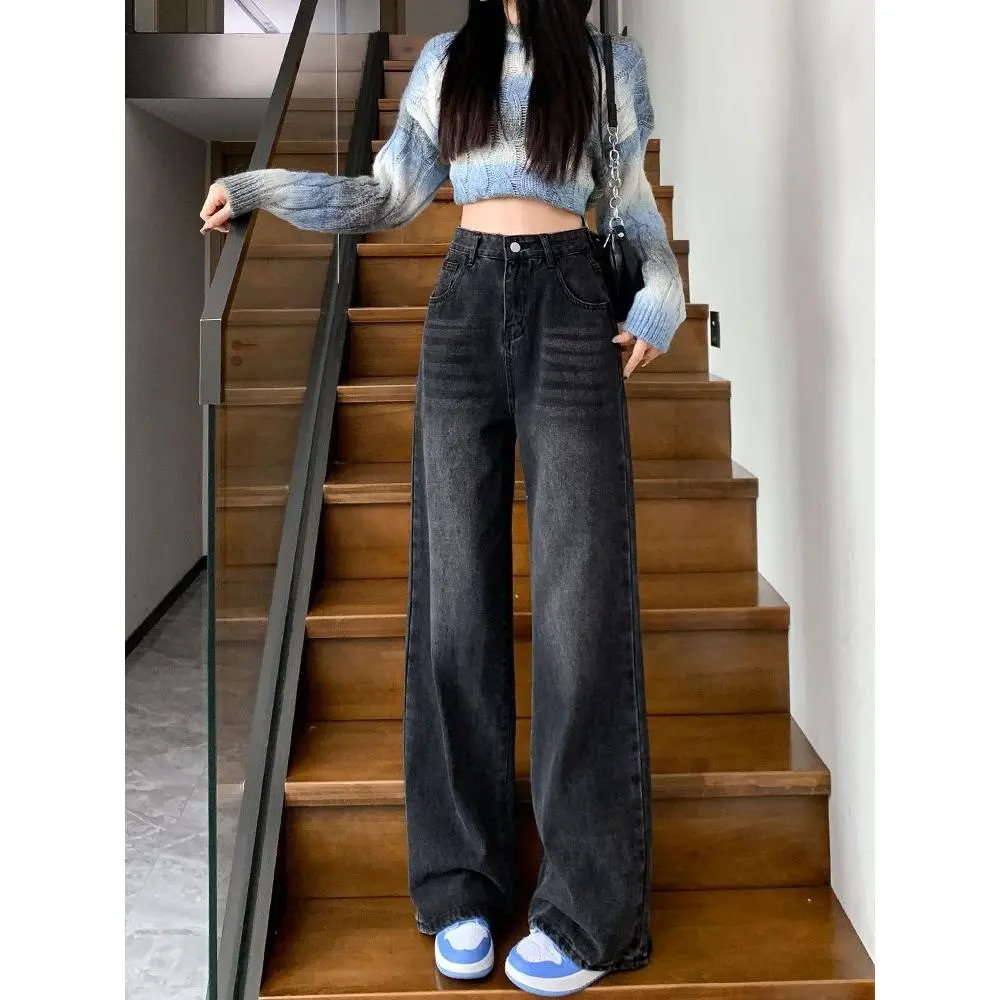 Black and Gray Wide-Leg Jeans for Women, Summer Thin Style, Plus Size, High Waist, Loose Fit, Slimming, Draped, Narrow Straight-Leg, Floor-Length Pants