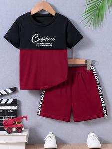 Toddler Boy's Letter Print Short Sleeve Tee & Side Stripe Shorts Two-Piece Set, Casual Round Neck T-shirt & Elastic Waist Tracksuit Bottoms, Summer Outfits Clothes for Kids