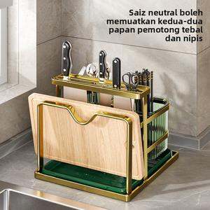 Rak Pisau, Bahan Keluli Tahan Karat, Rak Penyimpanan Dapur, Pemegang Pisau, Rak Papan Pemotong, Pemegang Penyepit, Penyusun Peralatan Makan, Reka Bentuk Bagus, Termasuk Tiub Penyepit Silikon Emas Kitchenware Hijau