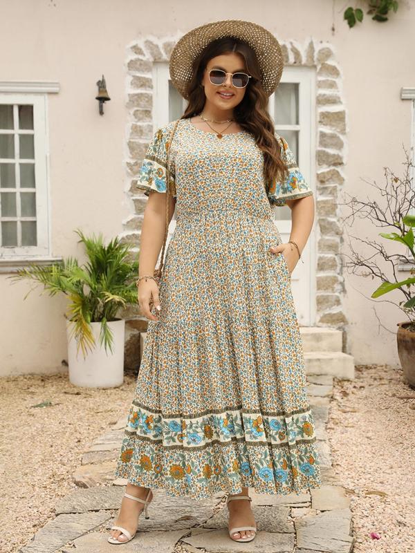 【Plus Size】 Ditsy Floral Print Dress, Fashion Casual Short Sleeve Dress for Daily Holiday Vacation Wear, Women Plus Clothing for Spring 8