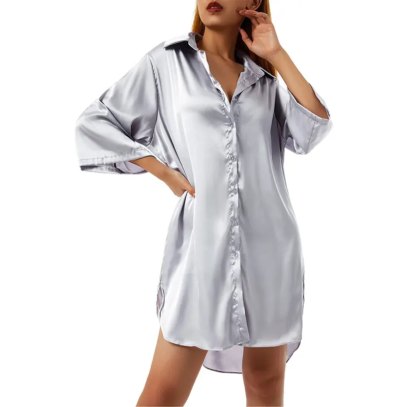 Womens Sleep Tops Underwear Summer Sleeping Shirt Half Sleeve Single Breasted Loose Nightshirt for Home Wear Lounge 4 Colors