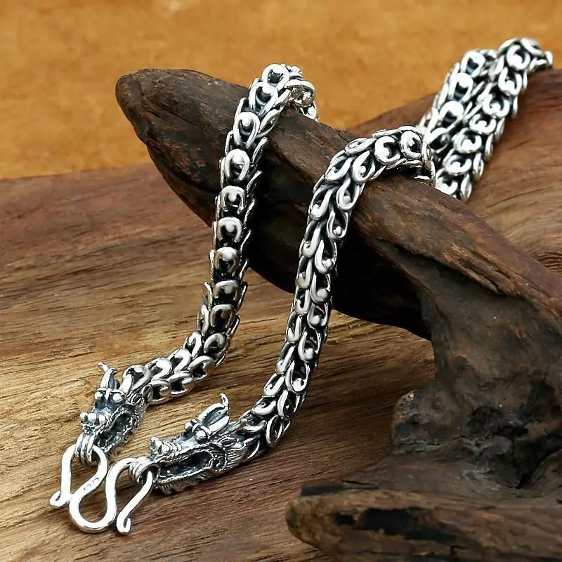 [Fashion Retro Men] Fengzhiqi Exaggerated Domineering S925 Silver Men's Double Chinese Dragon Heads Necklace Thai Silver Clavicle Chain Classic Hipster Accessories Men's Chain