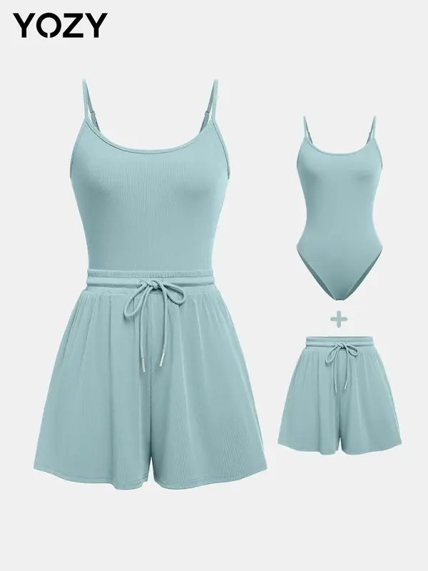 YOZY Adjustable Strap Cami Bodysuit & Drawstring Wide Leg Shorts Set, Casual Round Neck Sphaghetti Strap Bodysuit & Elastic Shorts Set, Back to School Women's Wear for Summer, Travel 2