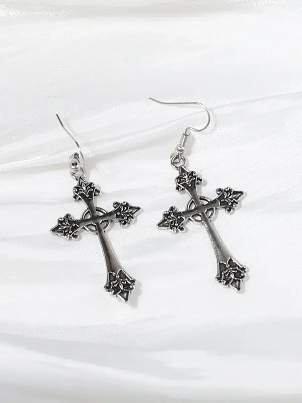 1 Pair Women's Street Trend Gothic Cross Dangle Earrings, Vintage Trendy Drop Earrings, Fashionable Jewelry As Birthday Gift for Girlfriend 4