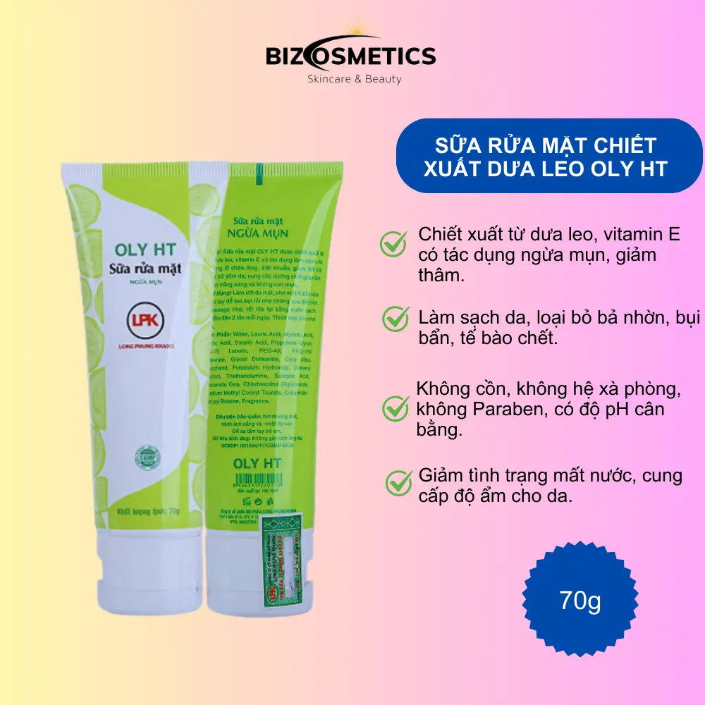 Sữa rửa mặt OLY HT ngừa mụn sáng da tinh chất dưa leo 70ml