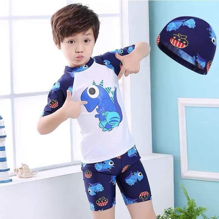 Bộ đồ bơi bé trai kèm mũ họa tiết khủng long 3 màu 10-35kg