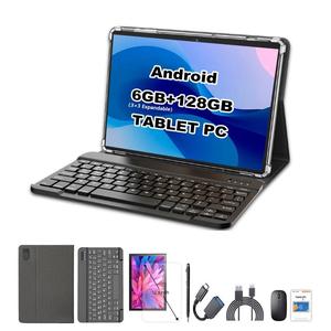10.1インチ 2 in 1 タブレットPC、Android HD IPSスクリーン、6GB（3+3 GB拡張可能）+128GBデュアルカメラ、スタイラス/マウス/人工レザーカバー対応