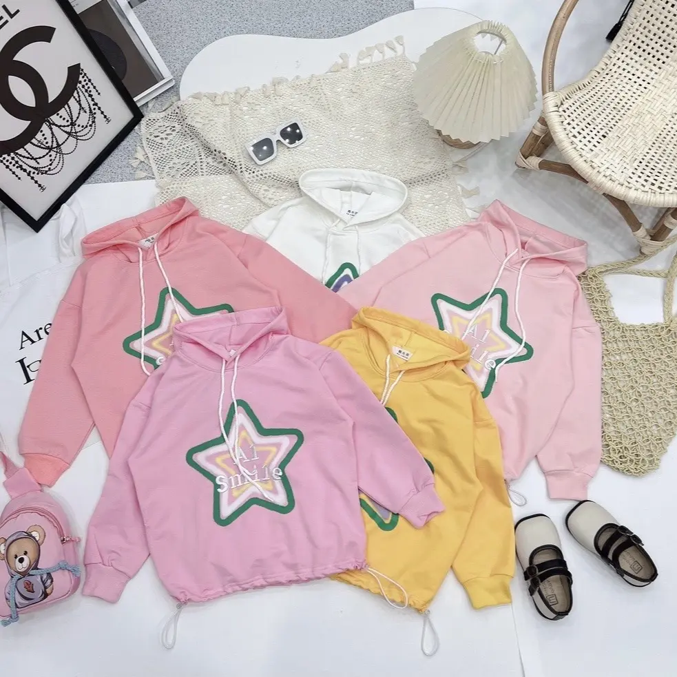 Áo Hoodie Bé Gái Có Mũ Dây Rút Gấu, Chất Liệu Da Cá Không Xù Lông Cao Cấp 23-35kg