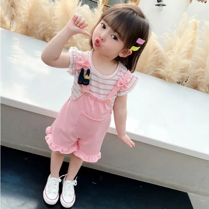 Setelan Set 2in1 Overall Anak Bayi Perempuan Kodok Garis Strip Pendek Import Cewek Parsel 4