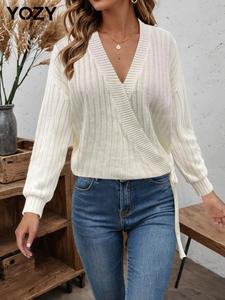 YOZY Women's Solid V Neck Sweater, Casual Long Sleeve Jumper for Fall & Winter, Women's Knitwear for Daily Wear