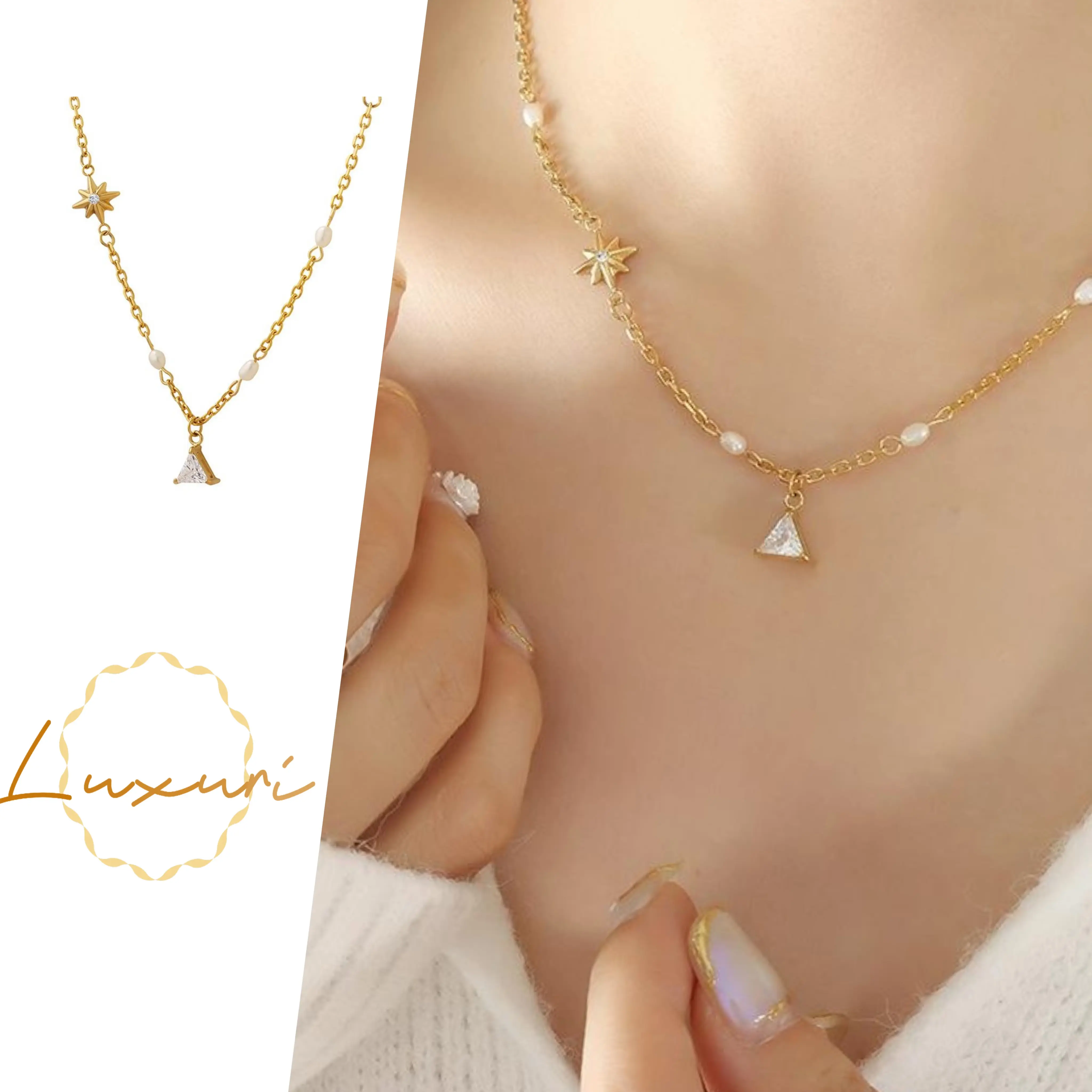 Spring Geometric Fusion Necklace ✸ Triangle Zirconia Hexagon Pendant · Freshwater Pearl Accents · Medical-Grade Titanium Steel · Hypoallergenic & Corrosion Resistant · Featherlight Day-to-Neckline Jewelry