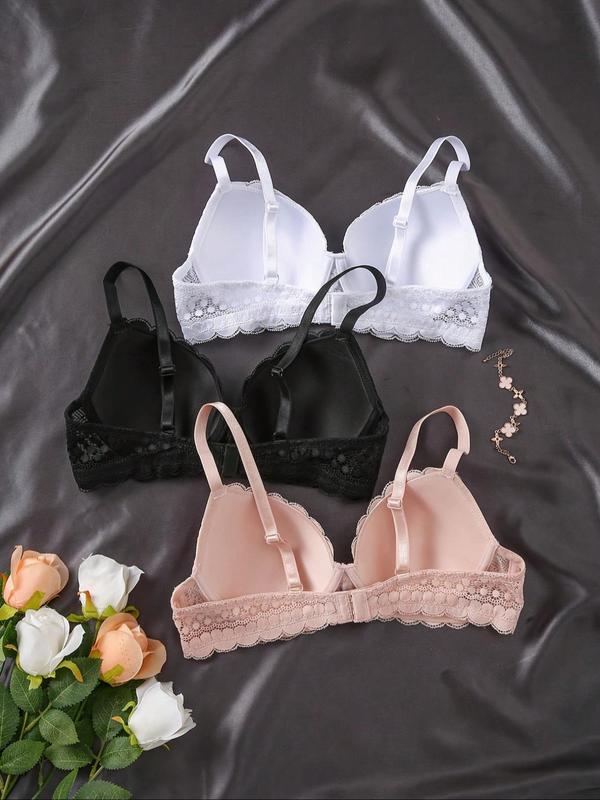 Women's Solid Color Lace Push Up Bra, Comfortable Breathable Underwire Bra, Soft Lingerie for Daily Wear 2