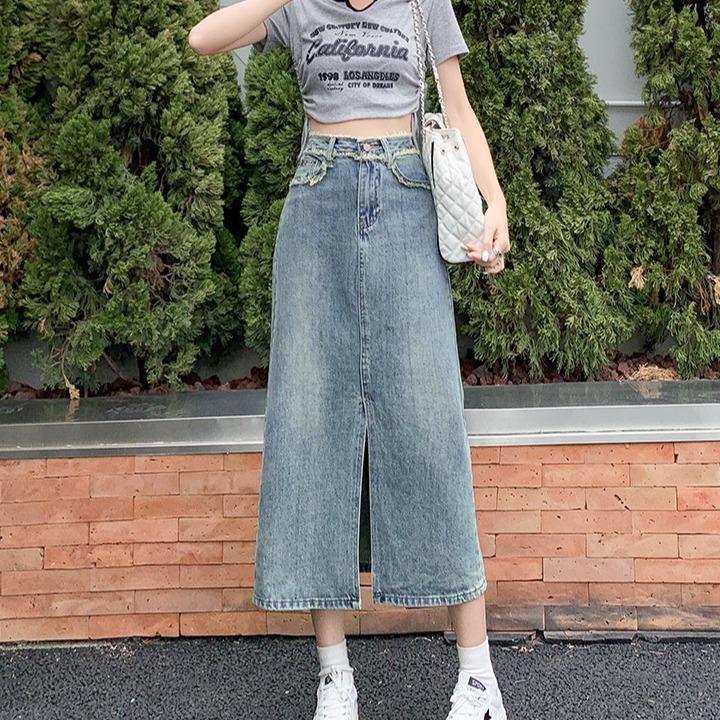 Chân váy jean nữ cạp cao xẻ trước, chân váy midi phong cách Hàn Quốc_A4