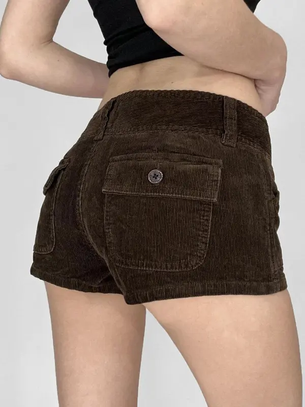 Women's Plain Corduroy Shorts, Casual Drop Waist Pocket Button Shorts for Daily Wear, Ladies Bottoms for Fall & Winter 0