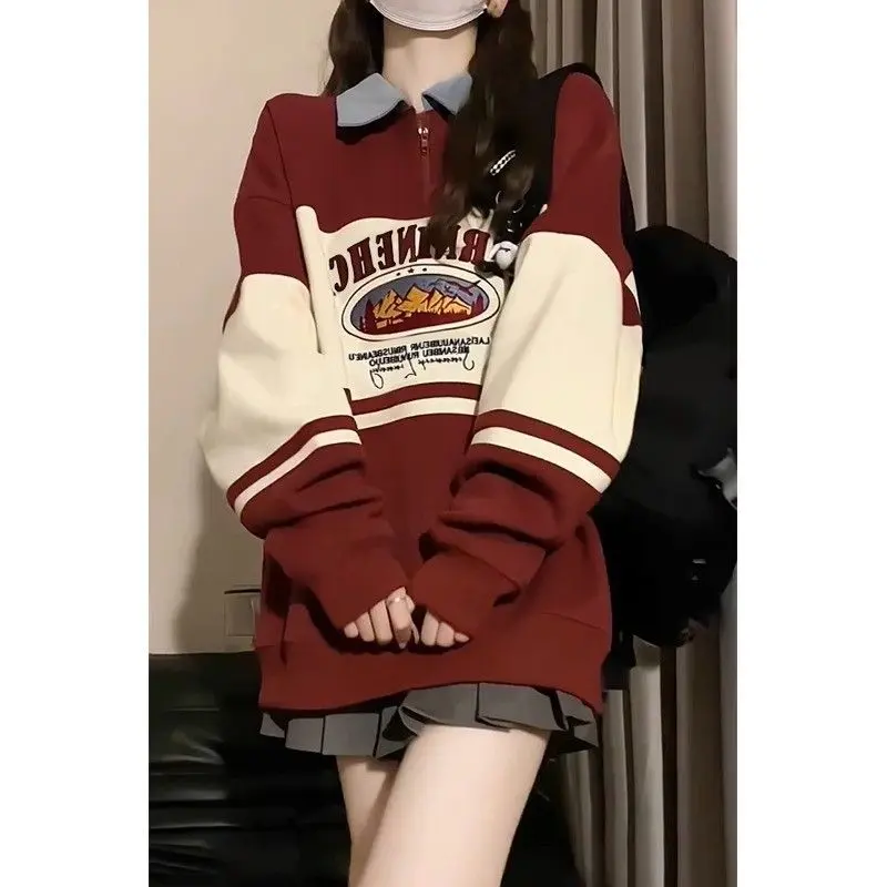 Áo Len Khóa Kéo Nửa, Phong Cách Preppy Cổ Điển Kiểu Mỹ Khối Màu, Lót Lông Cừu Mùa Thu Và Mùa Đông Của Phụ Nữ, Dày Dặn, Cổ Polo Nhỏ Áo Thời Trang
