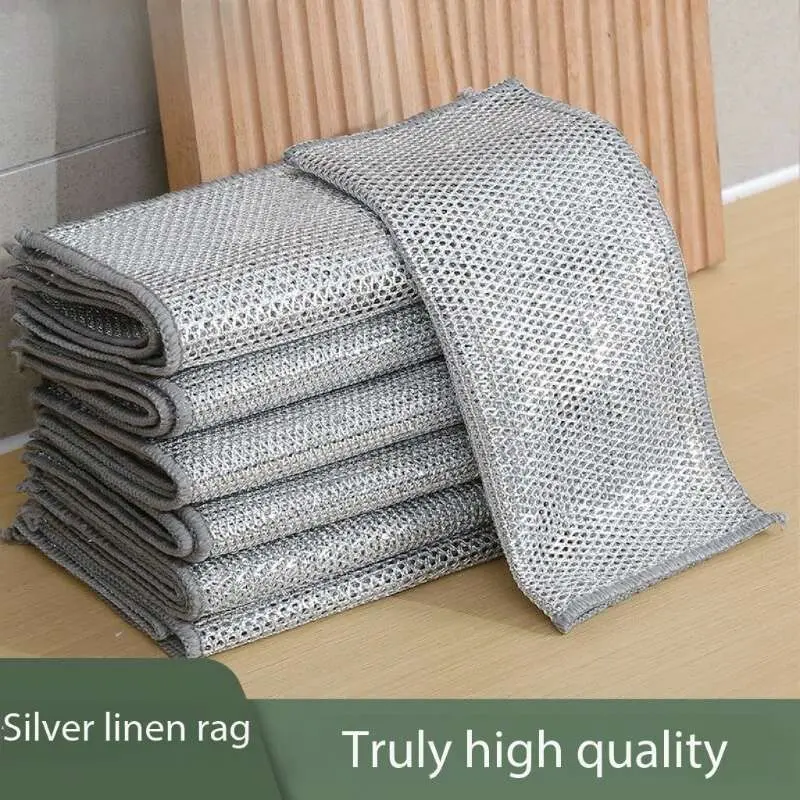 Silver Wire Dishcloth, 10pcs/set Double Layer Dishcloth, Kitchen Cleaning Cloth, Dishwashing Cloth, Household Cleaning Tool for Kitchen