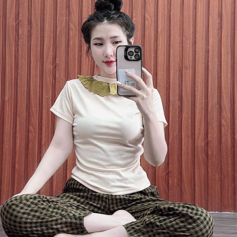  Bộ Cổ Tròn Ren To áo gân tay ngắn quần đũi sọc baggy xếp ly Nữ 