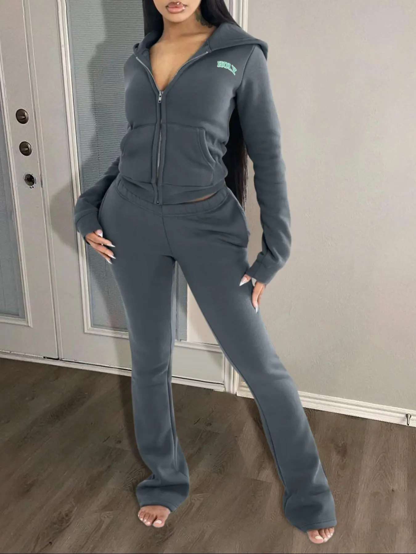 Women's Letter Print Zip Up Hooded Jacket & Elastic Waist Pants Two-piece Set, Casual Long Sleeve Pocket Hooded Outerwear & Plain Trousers for Fall & Winter, Women's Clothes for Daily Wear， Co-ord Sets