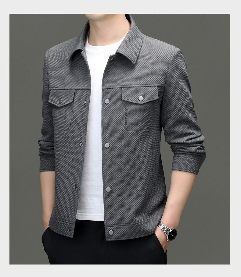 Product Introduction of Spring 2024 Men's Knitted Elastic-Force Jacket Lapel Overalls Korean Style Slim-Fitting Jacket Fashion All-Matching Closed 24