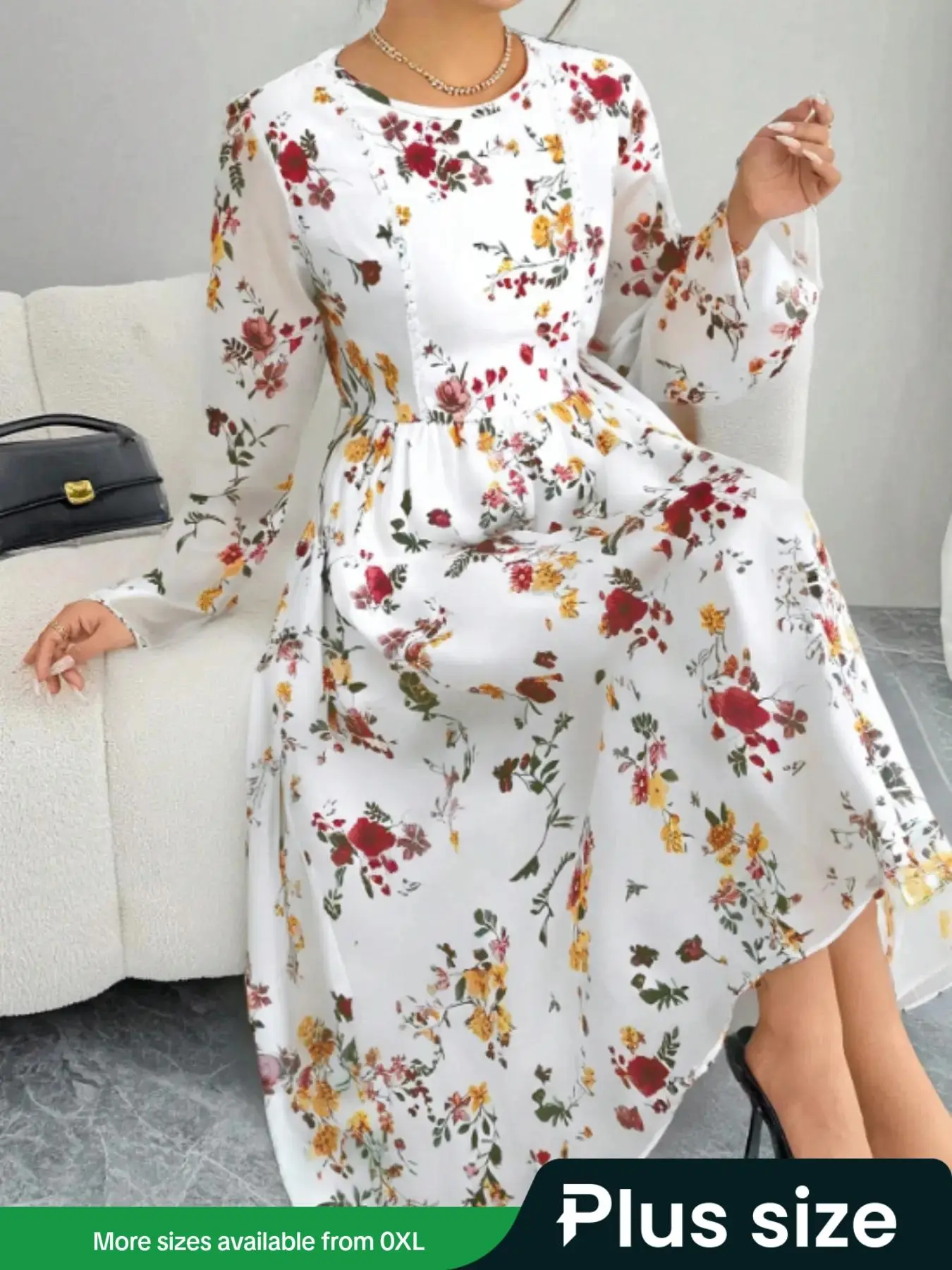 【Plus Size】 All Over Floral Print Dress, Modest Long Sleeve Round Neck Dress for Daily Outdoor Wear, Women Plus Clothing for All Seasons
