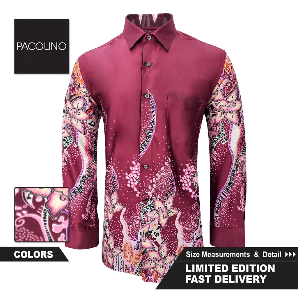 Pacolino-(Regular Cutting) Hibiscus Purple Color Malaysia Men Batik Long Sleeve Batik Lelaki Panjang-22622-BK0085-E